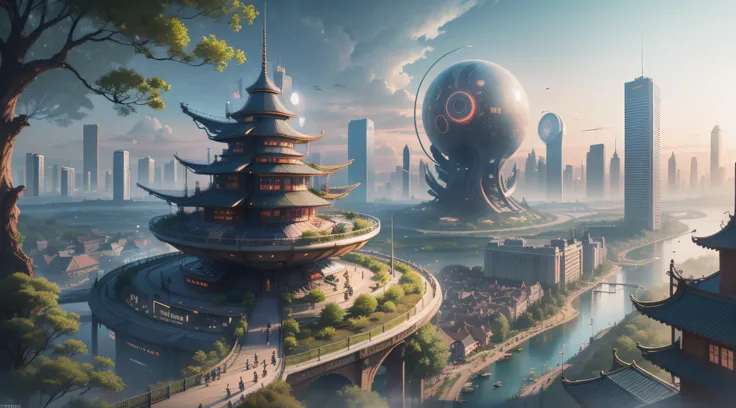 (top-quality,tmasterpiece,超A high resolution８K),(cyber punk perssonage,Cidade futuristica),(Dream, sfv),(epcot),(skyscrapper),{The Chinese courtyard blends with futuristic architecture}