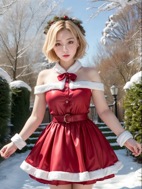 Christmas girl, blonde short hair Emo Pin up Girl, red christmas dress, Striking a pose, natural make up, skinny innocent, in a snowy garden, heavenly, midshot, centered image, good girl, innocent girl