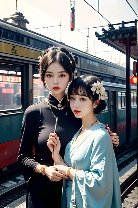 A movie poster，An old-fashioned steam train approached the tracks in the fog,masterpiece,Perfect drawing,Two beautiful girls, Lovers, lesbians,(in the railway station 1920s Shanghai,retro train background:1.6),(Geisha hairstyle,Geisha hairstick:1.6,Geisha ...