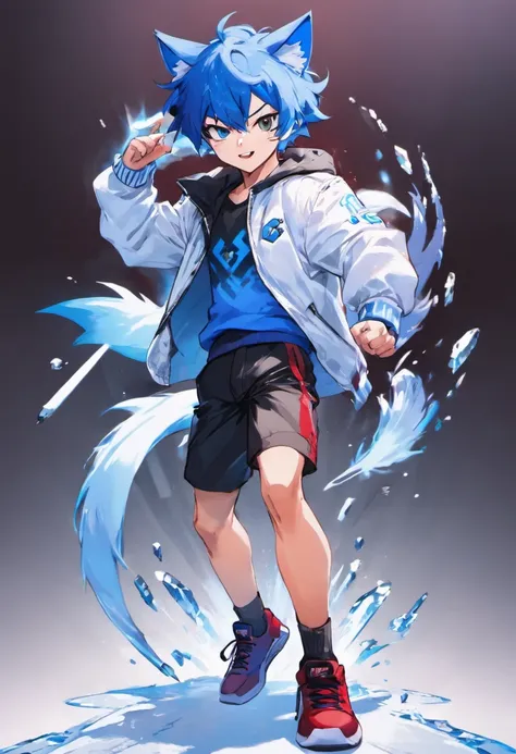 1Boy, (16 years old apearence), blue hair, short hair, blue Fox ears, blue fox tail, white jacket, blue shirt, black shorts, red sneakers, full body, standing, smile, ice power, gacha card background, shounen pose