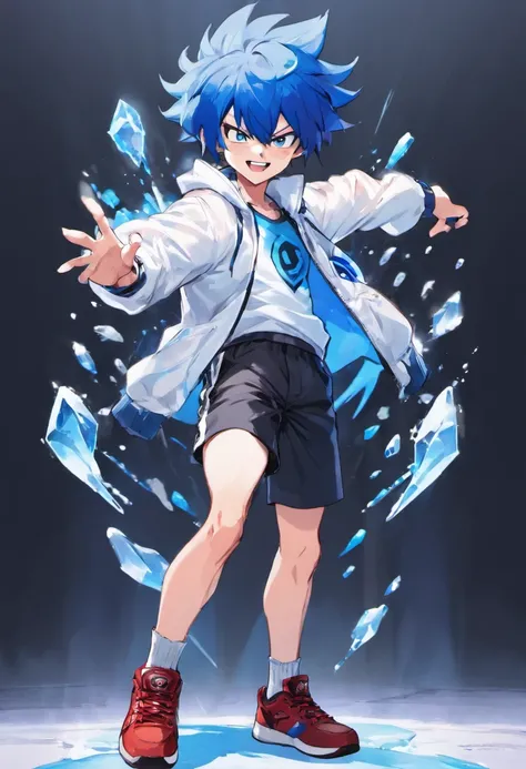 1Boy, (16 years old apearence), blue hair, short hair, blue Fox ears, blue fox tail, white jacket, blue shirt, black shorts, red sneakers, full body, standing, smile, ice power, gacha card background, shounen pose