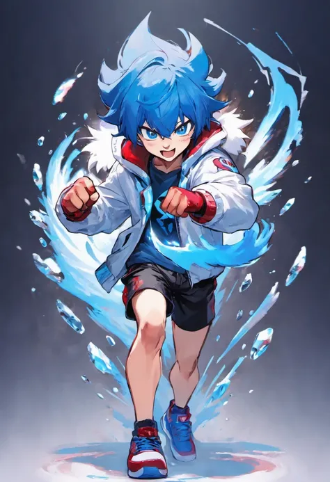 1Boy, (16 years old apearence), blue hair, short hair, blue Fox ears, blue fox tail, white jacket, blue shirt, black shorts, red sneakers, full body, standing, (happy smile), ice power, gacha card background, shounen pose, blue eyes