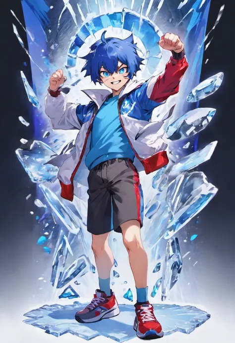 1Boy, (16 years old apearence), blue hair, short hair, blue Fox ears, blue fox tail, white jacket, blue shirt, black shorts, red sneakers, full body, standing, (happy smile), ice power, gacha card background, shounen pose, blue eyes