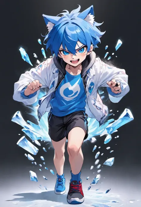 1Boy, (16 years old apearence), blue hair, short hair, blue Fox ears, blue fox tail, white jacket, blue shirt, black shorts, red sneakers, full body, standing, (happy smile), ice power, gacha card background, shounen pose, blue eyes