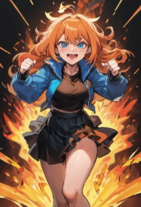 1girl, (16 years old apearence), orange hair, long hair, blue cropped jacket, black shirt, black skirt, red sneakers, full body, standing, (happy smile), fire power, gacha card background, shounen pose, blue eyes, hair between eyes, black kneeighs, medium ...