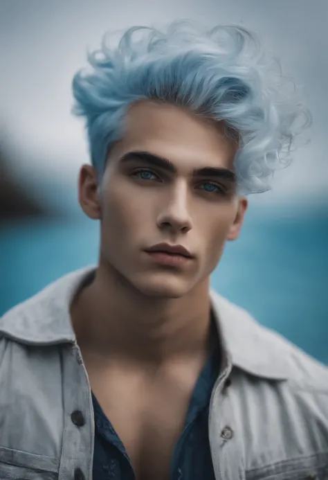 A picture of a young man that has blue skin and a white curly hair faded on the sides