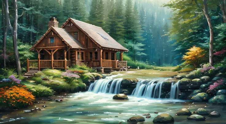 painting of a cabin in a mountain stream with a waterfall, children play around cabin,  4 k oil painting, beautiful oil matte painting, oil painting 4 k, oil painting 4k, cottage in the forest, beautiful oil painting on canvas, beautiful digital painting, ...