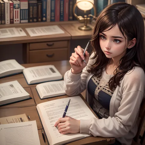 Generate a photorealistic image of a 22-year-old university student girl engrossed in her studies, with her hand holding a pen poised above a notebook, seated at a wooden desk in a well-lit library filled with the ambiance of academia, capturing the dedica...