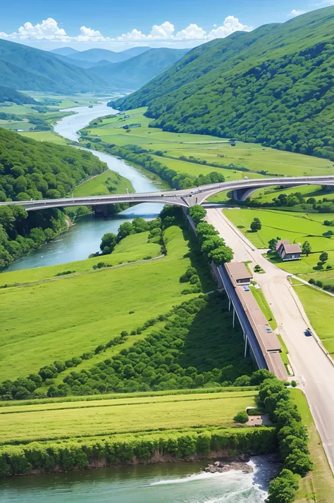 Realistic  scene of a bridge over a river with green mountain on the mountains  a housewith  windmill in the background, countryside landscape, yuru camp, anime screencap,  beautiful peace san beautiful  scenery --auto