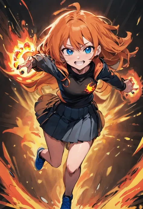 1girl, (16 years old apearence), orange hair, long hair, blue cropped jacket, black shirt, black skirt, red sneakers, full body, standing, (happy smile), fire power, gacha card background, shounen pose, blue eyes, hair between eyes, black kneeighs, medium ...