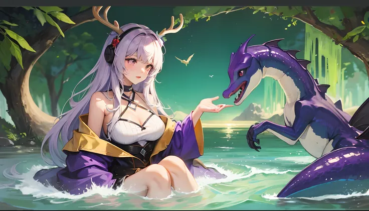 A river of milk and honey，Purple steppe，There is a kind of dragon living，Deer head，The body of a dinosaur，very long tail，The chest of a human female，Dolphin skin