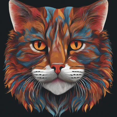 colorful, cute, cat, face, vibrant, t-shirt design, symmetrical, victor, flat design, bold vivid colors, white background, highly detailed, cute