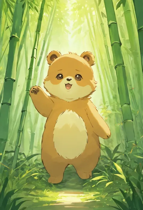 an adorable fluffy bear cub, in a sunny bamboo forest glade, warm lighting filtering through the leaves,. Detailed fur texturing, Peaceful natural mood, Gentle lighting. Traditional watercolor style. ●AR4:5 - s 400 - 虹5