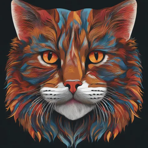 colorful, cute, cat, face, vibrant, t-shirt design, symmetrical, victor, flat design, bold vivid colors, white background, highly detailed, cute