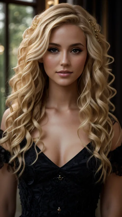 a close up of a woman with long blonde hair wearing a black dress, curly blond, long curly blond hair, curly blonde hair, curly blond hair, long curly blonde hair, wavy blond hair, long curly light blond hair, blonde beautiful young woman, long wavy blond ...