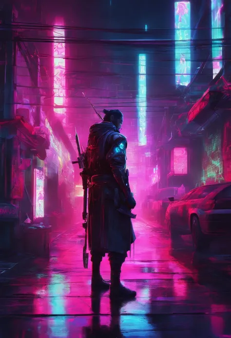 In a neon-drenched alley of a cyberpunk city, a lone cyber-samurai stands beneath flickering holographic billboards. Their crimson cyberware gleams, and a holographic katana hums with energy as they prepare for a duel with an unseen adversary