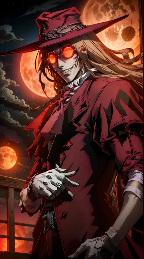 hellsing, personagem alucard, standing character,  sobretudo vermelho, olhos vermelhos, paisagem de noite, lua vermelha de fundo...