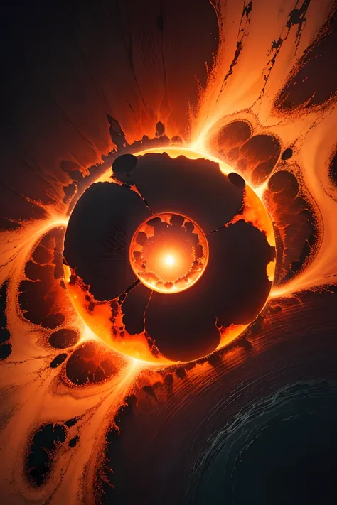 Disintegrating Circle in the Middle, top down view ,Ring of lava waves, Volcanic landscape at night, dark spots on lava, Warm and dark colors, Bright orange splashes,Logo