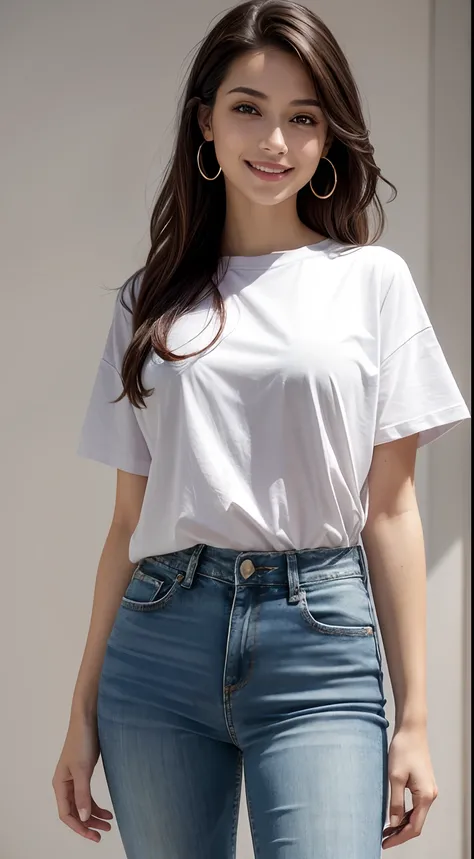 For a t-shirt mockup design, caucasian woman, top of the head to the waist, hands tucked into her clean blue jeans pockets, twenty years old, dark straight hair, happily smiling, closed lips, pointed nose, facing the front, standing with her hands on her w...