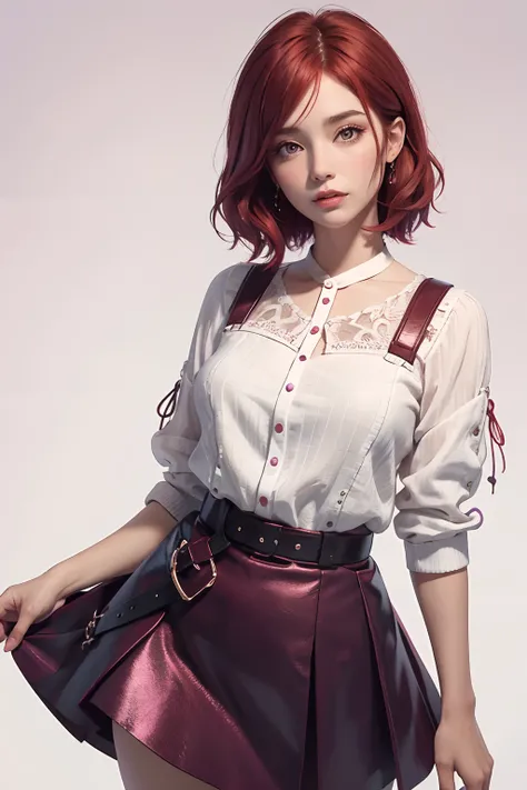 A beautiful woman, 32 years old, Short red hair, shimmering brown eyes, with , with a purple and pink blaser, Skirt, and white background, Intricate details,