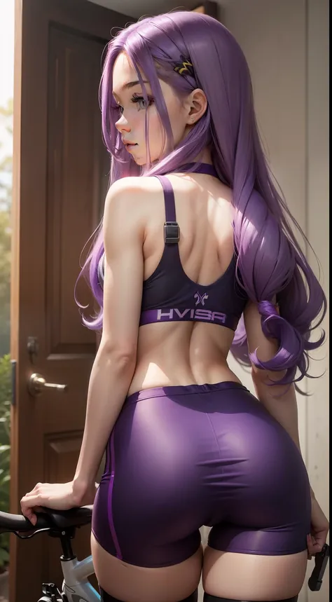 Girl with long purple hair, Slim, cuteface, little chest, In cycling shorts, ass