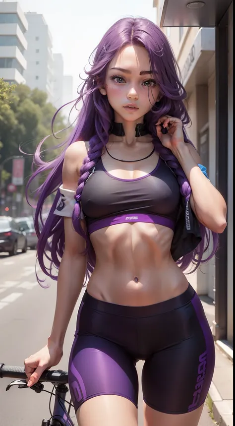 Girl with long purple hair, Slim, cuteface, little chest, In cycling shorts, ass close-up