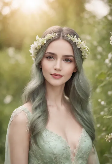 (Masterpiece) 8K resolution, fairy queen, Beautiful blooming flowers, Green straight hair, browneyes, Gray-gray eyes, Smile, Fantasy style,