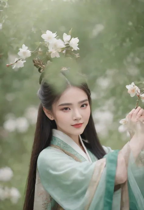 (Masterpiece) 8K resolution, Queen of Hanfu, Beautiful blooming flowers, Green straight hair, browneyes, Gray-gray eyes, Smile, Fantasy style,