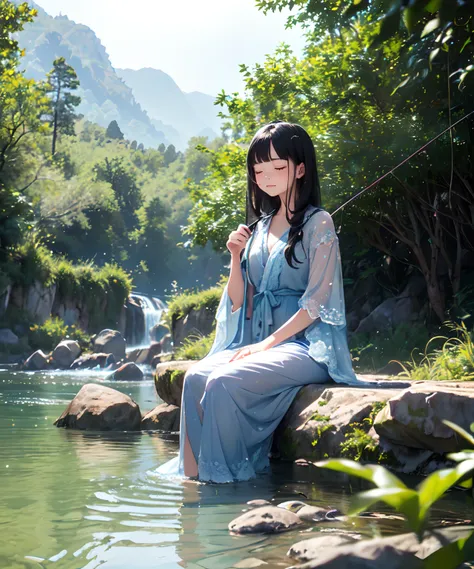 Masterpiece, atmosphere, Chinese style, (mountain water with several waterfalls visible in the distance), ((((A maiden in a thin blue lace-like robe is sitting on a large rock, holding a fishing rod and hanging a fishing line)))), (((Extremely long black h...