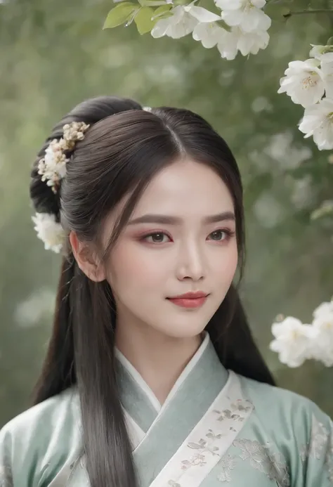 (Masterpiece) 8K resolution, Queen of Hanfu, Beautiful blooming flowers, Green straight hair, browneyes, Gray-gray eyes, Smile, Fantasy style,