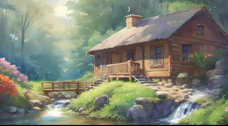 painting of a cabin in a mountain stream with a waterfall, children play around cabin, ((a boat in water )), 4 k watercolor pain...