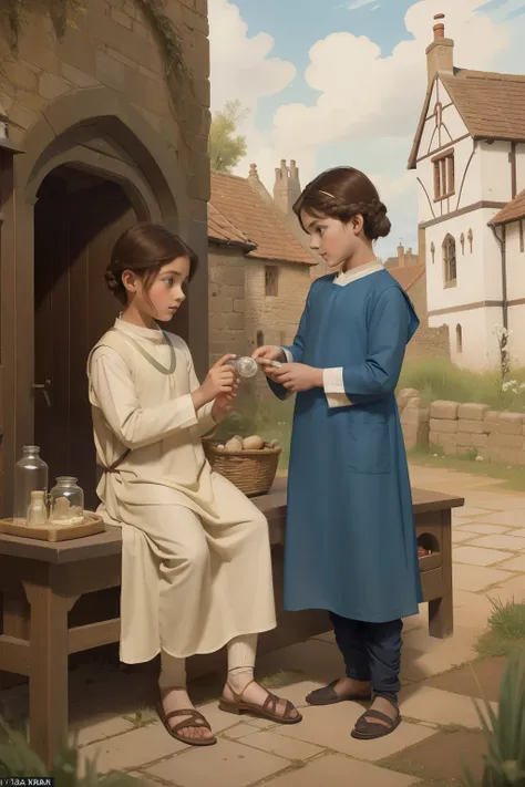 Year: 11th century. Location: Hereford, England. Pre-raphaelite scene with a 10-year-old boy, surgeon apprentice, selling small jars of medicines, outdoors, ((((11th century plain dull tunic)))) ((11th century hairstyle)), (((cinematic style)))