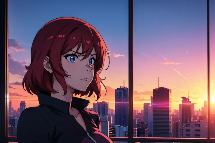 1anime girl, a sexy girl, Average Breasts, The girl is visible to the waist, Synthwave Style Work, Against the backdrop of the sunset of Tokyo, Detailed city. detailized face, 8K, hiquality