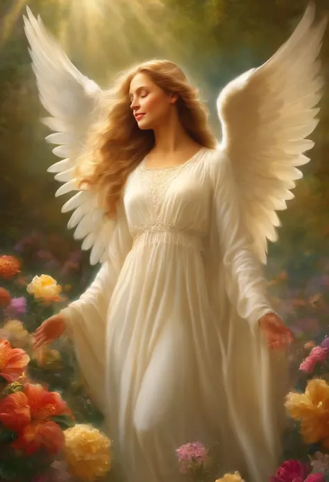 Angel Art, Todos saltan, Sonrisas, cheerfulness, Cielo, amar, flower garden, felicidad, luz, dejar