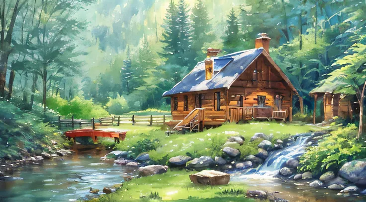 painting of a cabin in a mountain stream with a waterfall, children play around cabin, ((a boat in water )), 4 k watercolor pain...