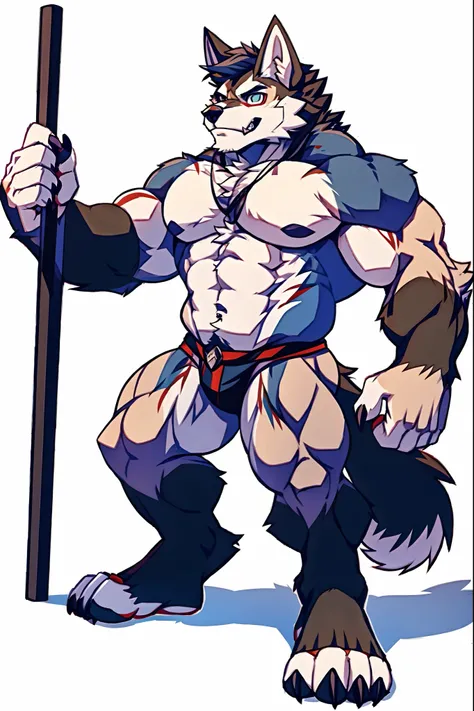 Human-wolf，musculous，Hairy all over，clawed paws，erect through