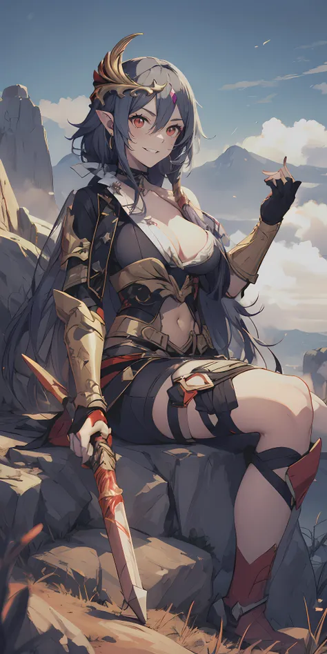 breasts, purple_eyes, long_hair, pointy_ears, bodysuit, looking_at_viewer, parted_bangs, gloves, large_breasts, belt, sitting, sky, armor, outdoors, cloud, solo, bangs, covered_navel, smile, gauntlets, thighs, shoulder_armor, weapon, cloudy_sky, rock, purp...