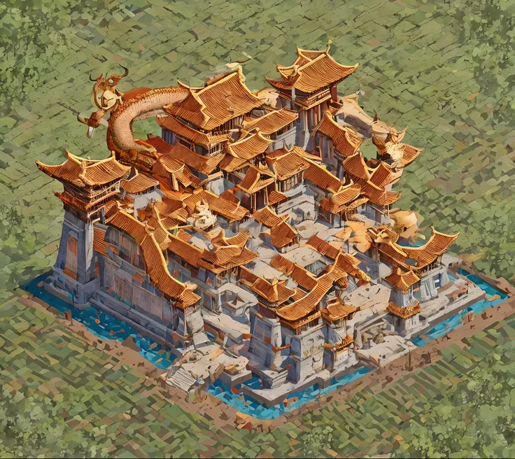 close-up of the building，there is a dragon on it, beautiful rendering of the tang dynasty, fortress mega structure city, tang dy...