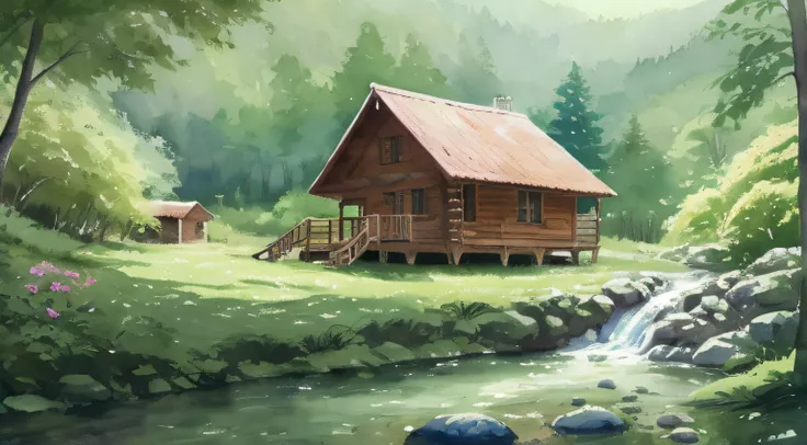 painting of a cabin under the big tree, stream with a waterfall, children play around cabin,  4 k watercolor painting, beautiful painting, 4 k, cottage in the forest, beautiful watercolor painting on paper, beautiful digital painting, smooth oil painting, ...