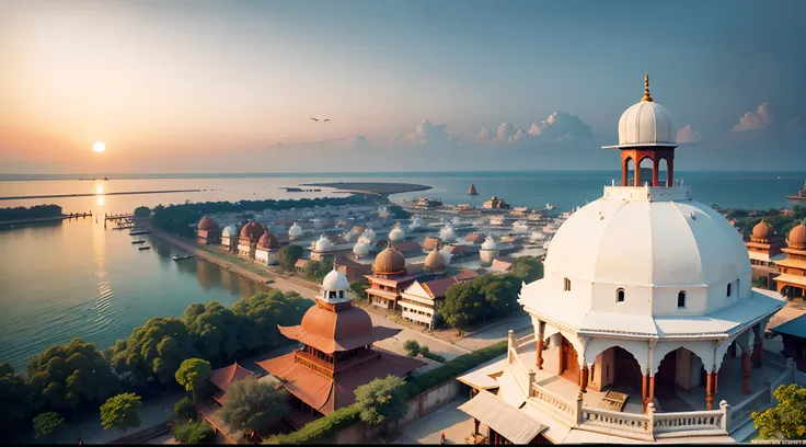 Cochin, metropolis, building on indian continent with complicated channels, White wall and yellow dome roof, 1pagoda, white buildings, many houses, many bazaars, many Hindu temples, next to Malabar Shore, South Indian, Kerala, Hinduism, India Style, prospe...