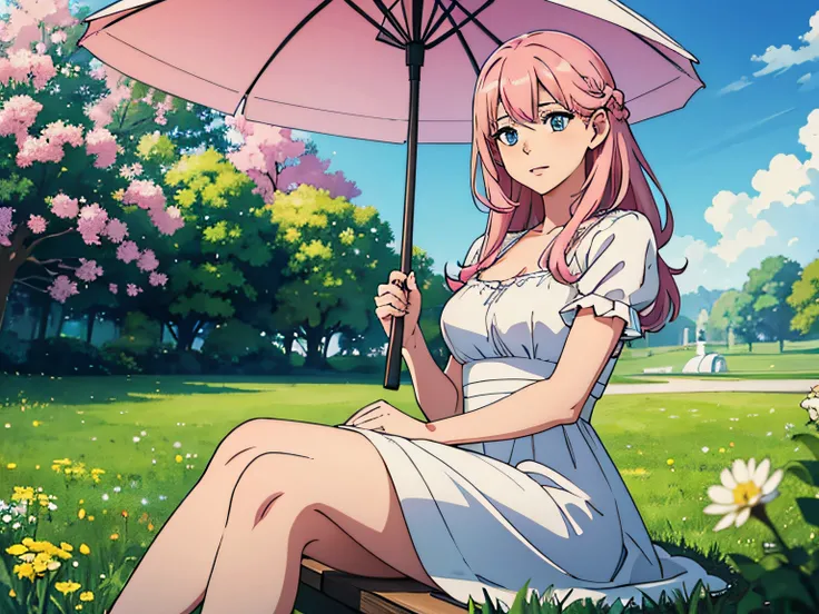 1anime girl sitting in nature at a white table under an umbrella and drinking tea, Beautiful girl in close plan, Average Breasts, pink hair, Tender Scene, Depth of field, Beautiful trees and flowers in the background, super detaill, detailized face, Detail...