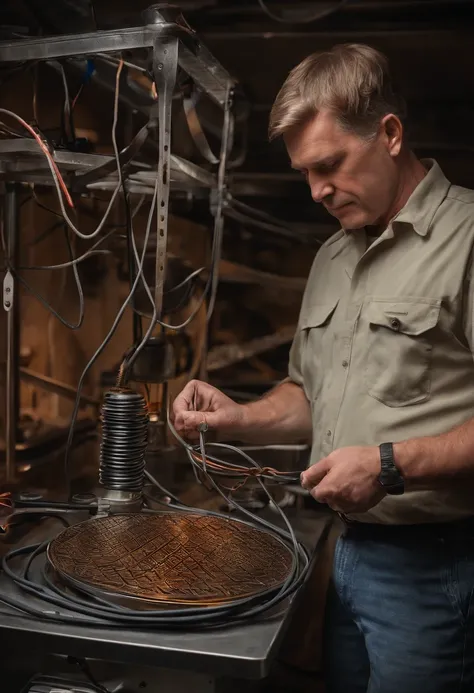 A close-up of a German engineer holding a metal heating plate with wires attached, heated coils, Bottom view, acrylic pour, bottom - view, bottom angles, uv, glowing heating coils, down view, SBT, Medium full shot, LED, GRAPHITE, full - view, 7 7 7 7, denn...