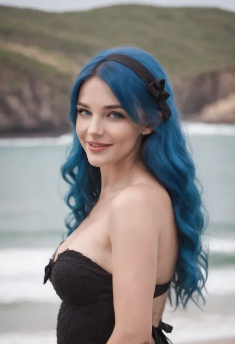 Masterpiece, Best quality, standing, Liselotte Chrissia, Light smile, Long hair, Wavy hair, bangs, hair between eye, Hair Bow, Blue eyes, (Blue hair:1), Black bikini, beach