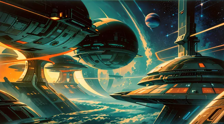 retro-future style art similar to artist chris foss, large spaceship, deep dark space, alien planets, moons, shooting stars