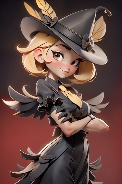 girl with short yellow blond hair with butterfly wings, fine tall lady, black gloves, black long red dress(paris style), hat with feathers, red necktie, cute pretty face with wide eye, france background