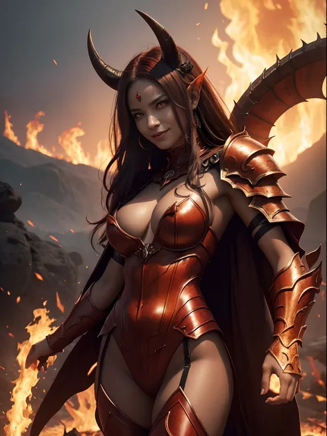 Beautiful mature female demon, horns, tail, cruel smile, red skin, sexy fetish armor, wreathed in fire, (fiery eyes:1.2), temptation, taking your soul, hellscape background, tortured souls, hordes of hell in the distance, (masterpiece), (photorealistic:1.4...