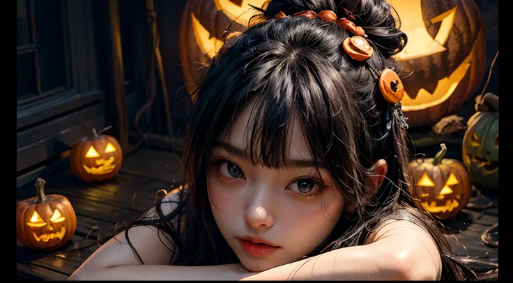 (​masterpiece、top-quality、top-quality、Beautifully Aesthetic:1.2)、girl with black pucca hairste with bangs (((Cute Shining Jack Lantern Head Girl)))、((I cant see the girls face))、halloween night、highly detailed、colourfull、highestdetailed, centered image, mi...