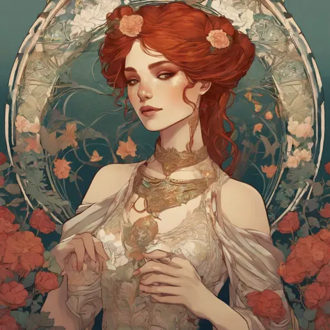 Painting of a red-haired 12 year old girl with Day of the Dead makeup and a white strawberries print dress, Mucha Klimt et Tom Bagshaw, Craig Mullins Alphonse Mucha, Alphonse Mucha et Craig Mullins, Beeple et Alphonse Mucha, Tom Bagshaw Donato Giancola, Kr...