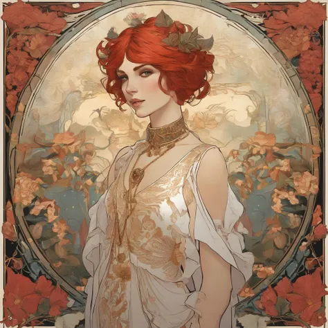 Painting of a red-haired 12 year old girl with Day of the Dead makeup and a white strawberries print dress, Mucha Klimt et Tom Bagshaw, Craig Mullins Alphonse Mucha, Alphonse Mucha et Craig Mullins, Beeple et Alphonse Mucha, Tom Bagshaw Donato Giancola, Kr...