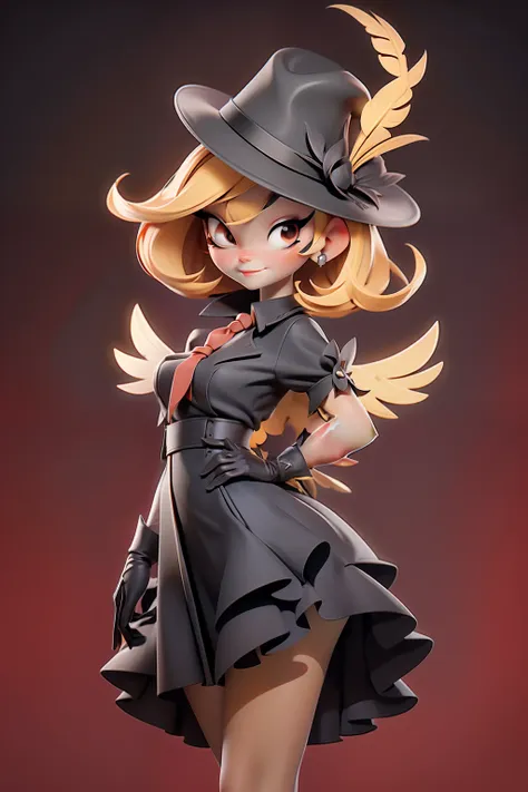 girl with short yellow blond hair with wings, fine tall lady, black gloves, black long red dress(paris style), hat with feathers, red necktie, cute pretty face with wide eye, france background